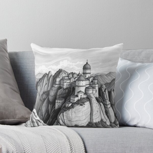 Item preview, Mountain Monastery Fortress Black and White Pencil Drawing designed and sold by EllDAV777.
