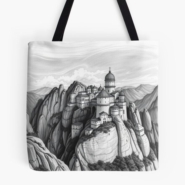 Item preview, Mountain Monastery Fortress Black and White Pencil Drawing designed and sold by EllDAV777.