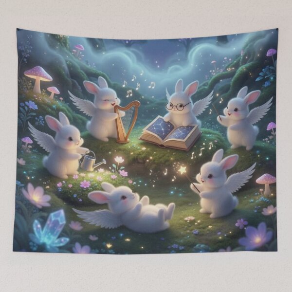 Item preview, Whimsical Celestial Bunny Angels Under Full Moon Art designed and sold by lovelistivkaa.