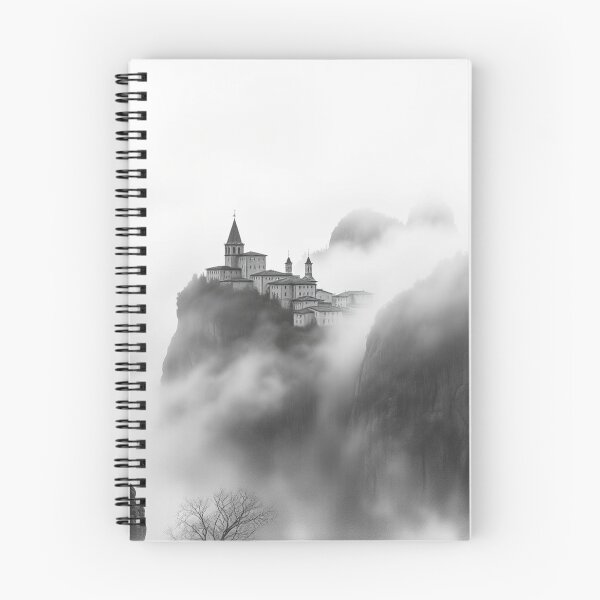 Item preview, Misty Mountain Castle Black and White Foggy Cliffside Monastery Art Print designed and sold by EllDAV777.