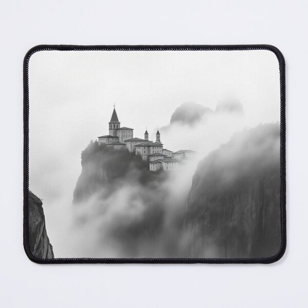 Item preview, Misty Mountain Castle Black and White Foggy Cliffside Monastery Art Print designed and sold by EllDAV777.