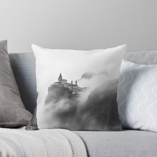 Item preview, Misty Mountain Castle Black and White Foggy Cliffside Monastery Art Print designed and sold by EllDAV777.