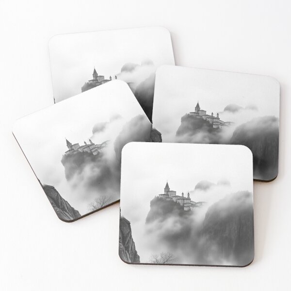 Item preview, Misty Mountain Castle Black and White Foggy Cliffside Monastery Art Print designed and sold by EllDAV777.