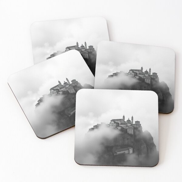 Item preview, Foggy Mountain Monastery Black and White Mystical Landscape Art designed and sold by EllDAV777.