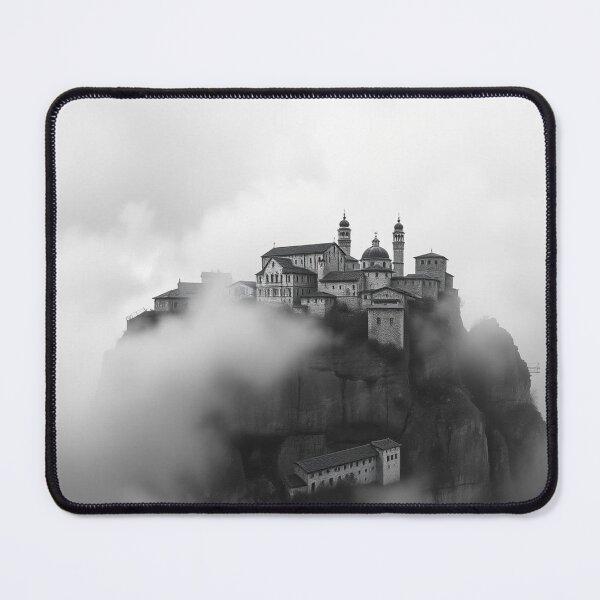 Item preview, Foggy Mountain Monastery Black and White Mystical Landscape Art designed and sold by EllDAV777.