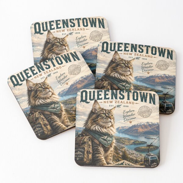 Item preview, Maine Coon Queenstown New Zealand  Adventure Cats™  Vintage Mountain Travel Poster designed and sold by TeeVibeHaus.