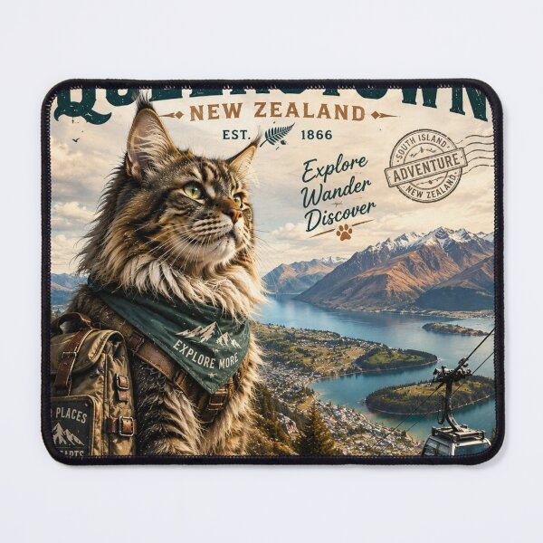 Item preview, Maine Coon Queenstown New Zealand Adventure Cats™ Vintage Mountain Travel Poster designed and sold by TeeVibeHaus.