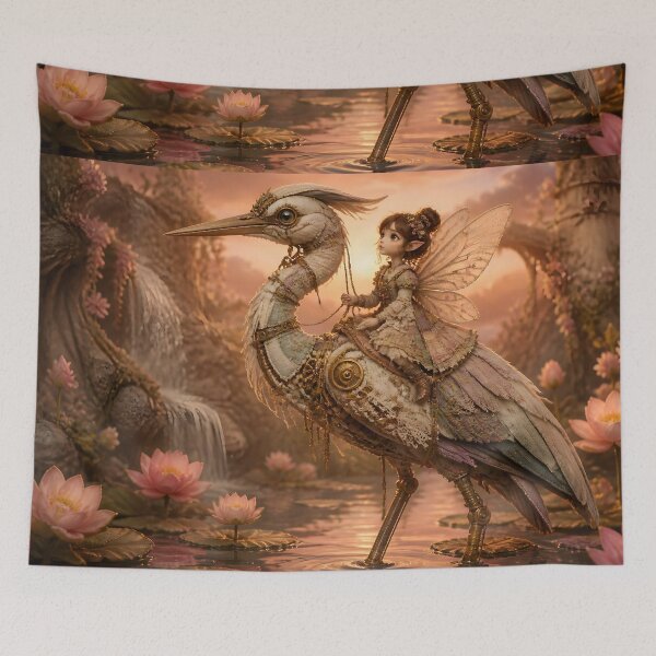 Item preview, Tiny Fairy on Heron in Mystical Pond Garden designed and sold by sigmaartstudio.