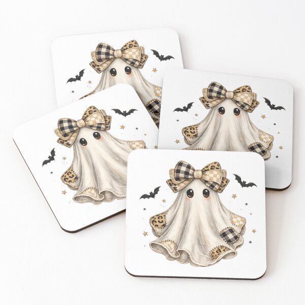 Item preview, Cute Halloween Ghost with Patchwork Bow, Checkered Leopard Print, Kawaii Spooky Autumn Aesthetic designed and sold by DoodloraStudio.