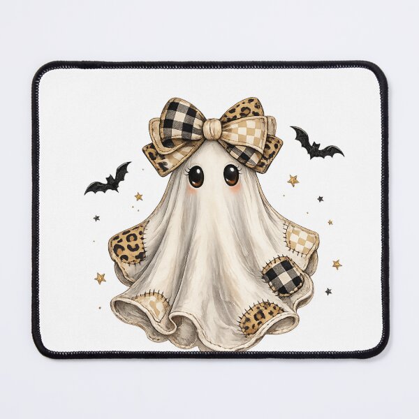 Item preview, Cute Halloween Ghost with Patchwork Bow, Checkered Leopard Print, Kawaii Spooky Autumn Aesthetic designed and sold by DoodloraStudio.