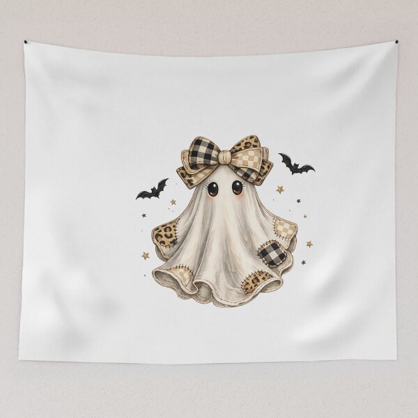 Item preview, Cute Halloween Ghost with Patchwork Bow, Checkered Leopard Print, Kawaii Spooky Autumn Aesthetic designed and sold by DoodloraStudio.