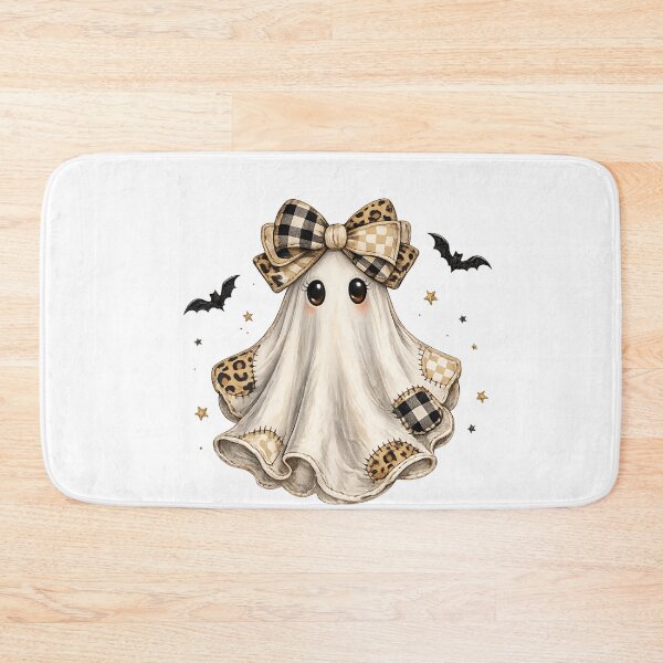 Item preview, Cute Halloween Ghost with Patchwork Bow, Checkered Leopard Print, Kawaii Spooky Autumn Aesthetic designed and sold by DoodloraStudio.