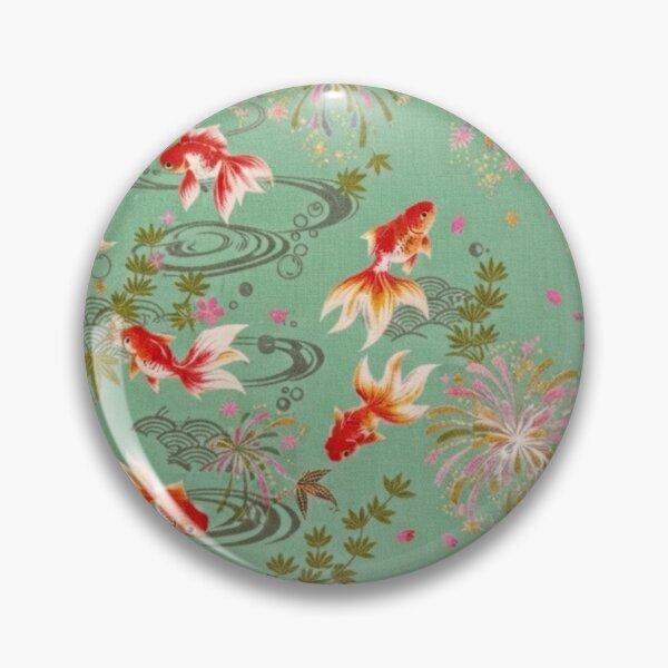 Item preview, Mint Green Japanese Goldfish, Fireworks and Ripples - Traditional Yukata Pattern designed and sold by Kokeshidreams.
