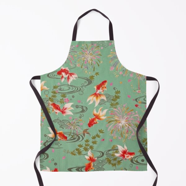 Item preview, Mint Green Japanese Goldfish, Fireworks and Ripples - Traditional Yukata Pattern designed and sold by Kokeshidreams.