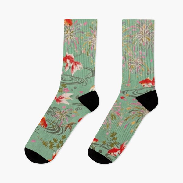 Item preview, Mint Green Japanese Goldfish, Fireworks and Ripples - Traditional Yukata Pattern designed and sold by Kokeshidreams.