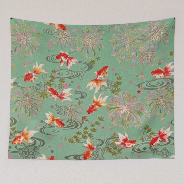 Item preview, Mint Green Japanese Goldfish, Fireworks and Ripples - Traditional Yukata Pattern designed and sold by Kokeshidreams.