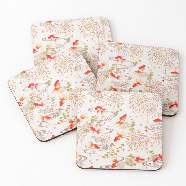 Item preview, White Japanese Goldfish, Fireworks and Ripples - Traditional Yukata Pattern Cream Background designed and sold by Kokeshidreams.