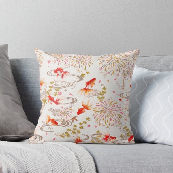 Item preview, White Japanese Goldfish, Fireworks and Ripples - Traditional Yukata Pattern Cream Background designed and sold by Kokeshidreams.