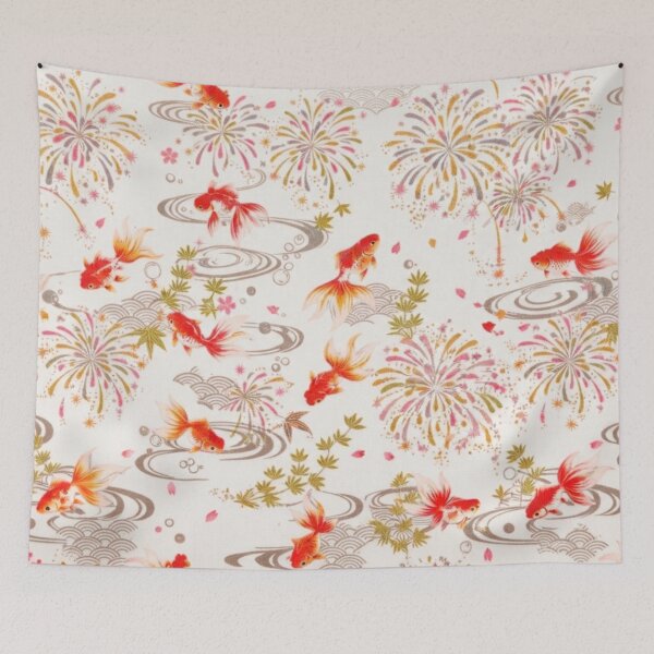 Item preview, White Japanese Goldfish, Fireworks and Ripples - Traditional Yukata Pattern Cream Background designed and sold by Kokeshidreams.