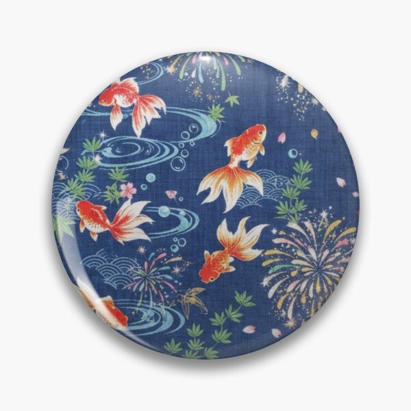 Item preview, Japanese Goldfish, Fireworks and Ripples - Traditional Yukata Pattern Indigo Blue designed and sold by Kokeshidreams.