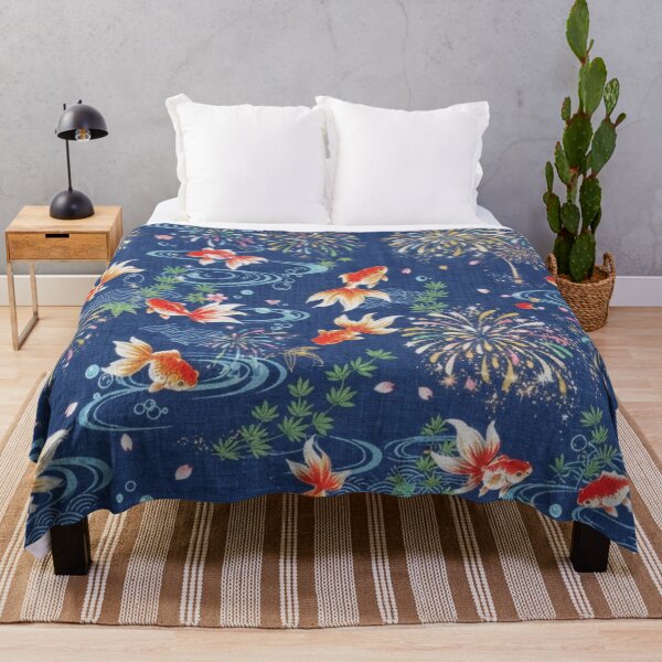 Item preview, Japanese Goldfish, Fireworks and Ripples - Traditional Yukata Pattern Indigo Blue designed and sold by Kokeshidreams.