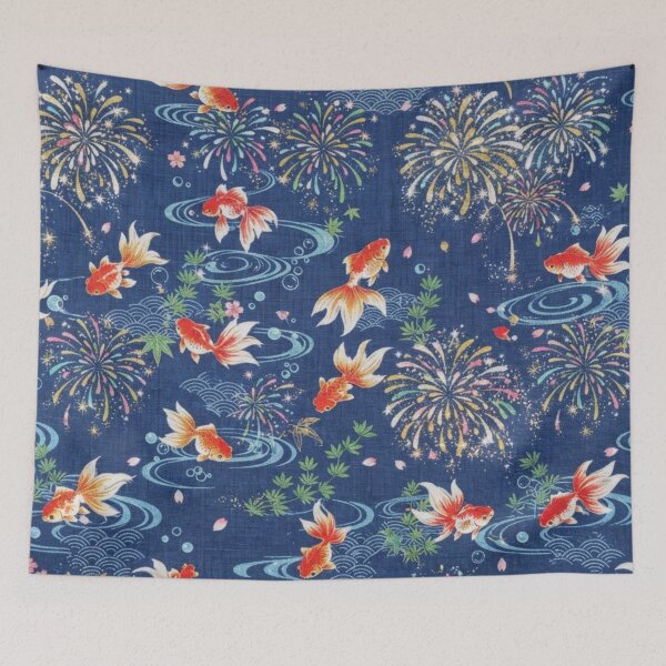 Item preview, Japanese Goldfish, Fireworks and Ripples - Traditional Yukata Pattern Indigo Blue designed and sold by Kokeshidreams.