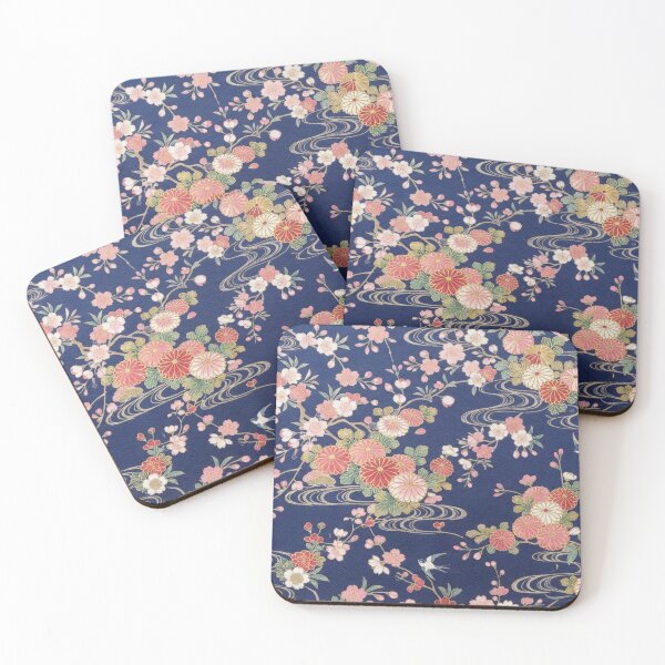 Item preview, Traditional Japanese Kimono Pattern with Cherry Blossoms, Chrysanthemums and Swallows on Indigo Blue designed and sold by Kokeshidreams.