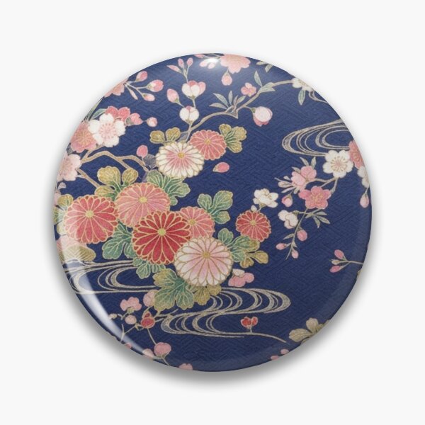 Item preview, Traditional Japanese Kimono Pattern with Cherry Blossoms, Chrysanthemums and Swallows on Indigo Blue designed and sold by Kokeshidreams.