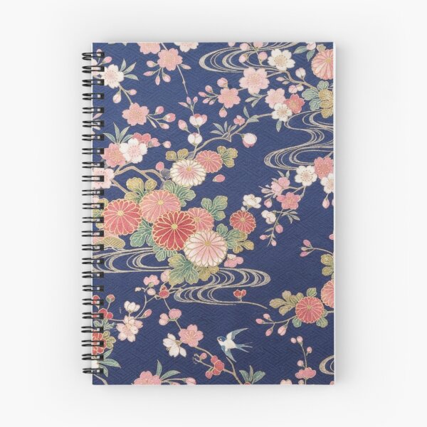 Item preview, Traditional Japanese Kimono Pattern with Cherry Blossoms, Chrysanthemums and Swallows on Indigo Blue designed and sold by Kokeshidreams.