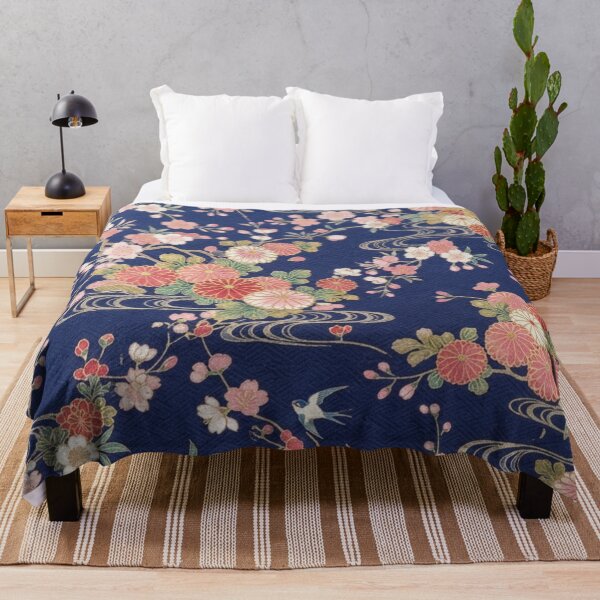 Item preview, Traditional Japanese Kimono Pattern with Cherry Blossoms, Chrysanthemums and Swallows on Indigo Blue designed and sold by Kokeshidreams.