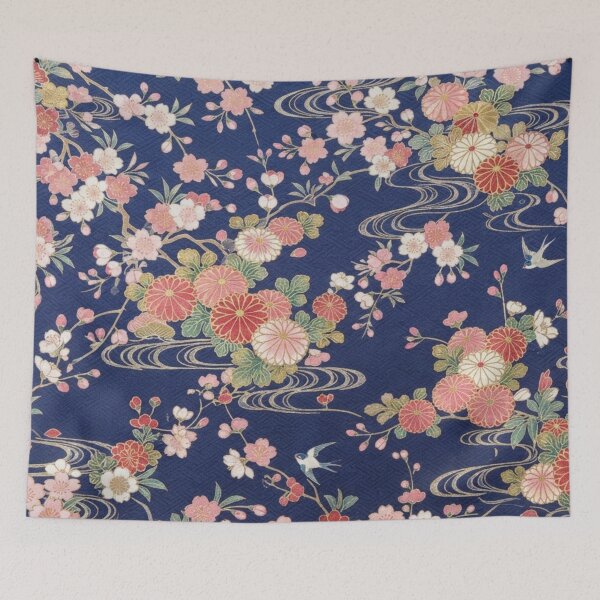 Item preview, Traditional Japanese Kimono Pattern with Cherry Blossoms, Chrysanthemums and Swallows on Indigo Blue designed and sold by Kokeshidreams.