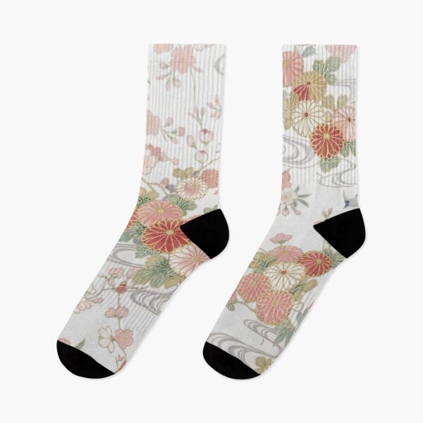 Item preview, Traditional Japanese Kimono Pattern with Cherry Blossoms and Swallows on White designed and sold by Kokeshidreams.