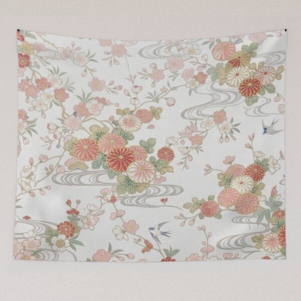 Item preview, Traditional Japanese Kimono Pattern with Cherry Blossoms and Swallows on White designed and sold by Kokeshidreams.