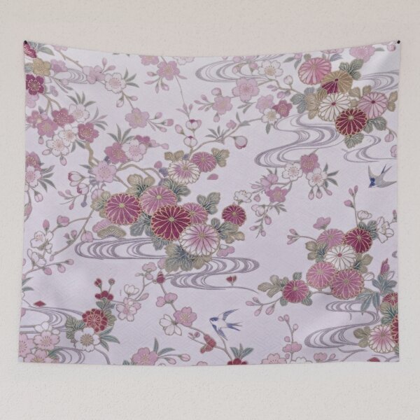 Item preview, Traditional Japanese Kimono Pattern with Purple Cherry Blossoms and Swallows designed and sold by Kokeshidreams.
