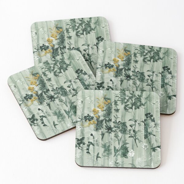 Item preview, Elegant Japanese Sage Green and Yellow Floral Stripe Pattern designed and sold by Kokeshidreams.