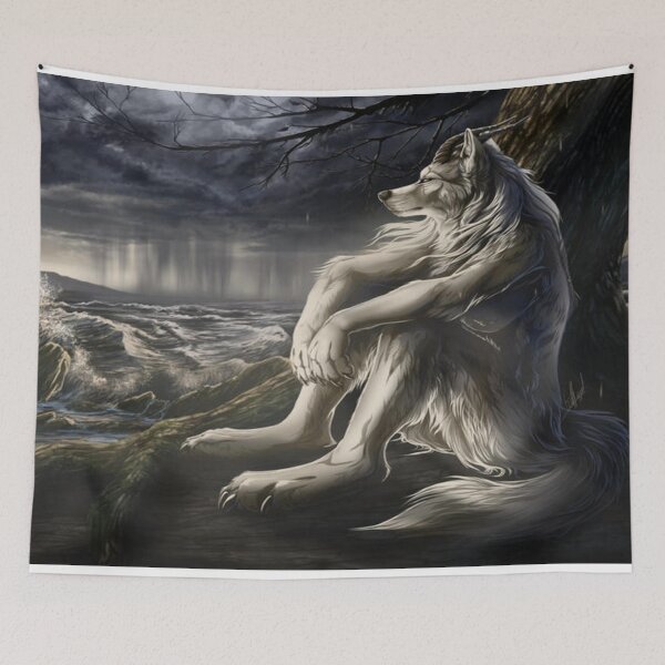 Item preview, emo white wolf sitting sad meme designed and sold by crabwon.