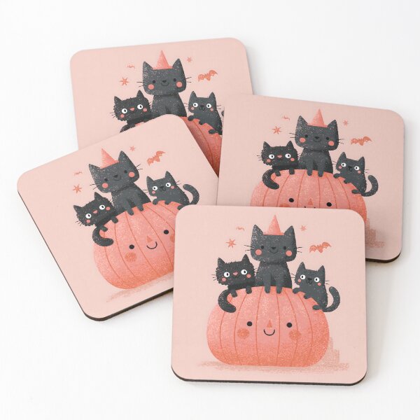 Item preview, Cute Pink Halloween Black Cats Pumpkin Kawaii Nursery Art designed and sold by GrinGalore.