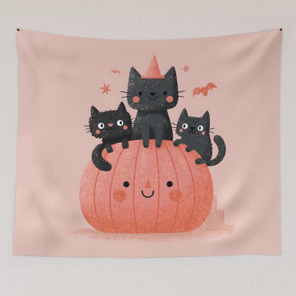 Item preview, Cute Pink Halloween Black Cats Pumpkin Kawaii Nursery Art designed and sold by GrinGalore.