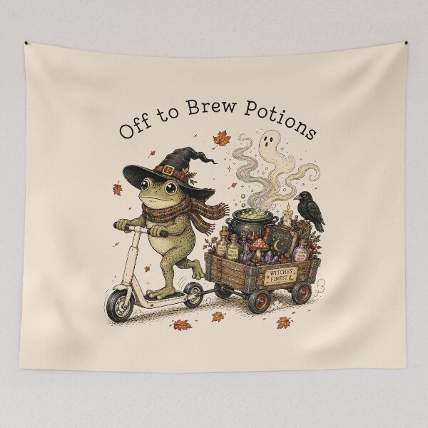 Item preview, Off to Brew Potions Cute Witch Frog Halloween Cottagecore designed and sold by DesignsByAnett.