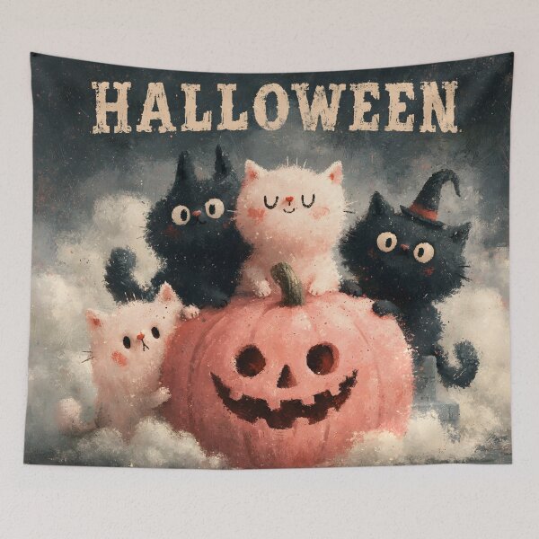 Item preview, Vintage Pink Pumpkin Halloween Kittens Typography Pastel Goth Art designed and sold by GrinGalore.