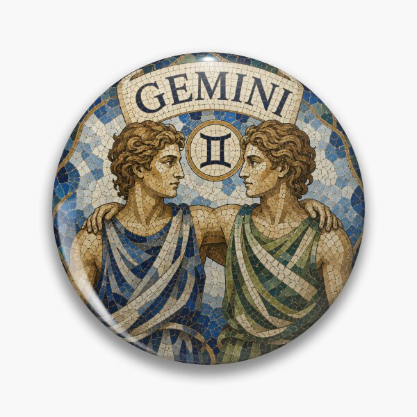 Item preview, Gemini Zodiac Twins Mosaic Emblem With Classical Figures and Decorative Blue Gold Tilework designed and sold by portokalis.