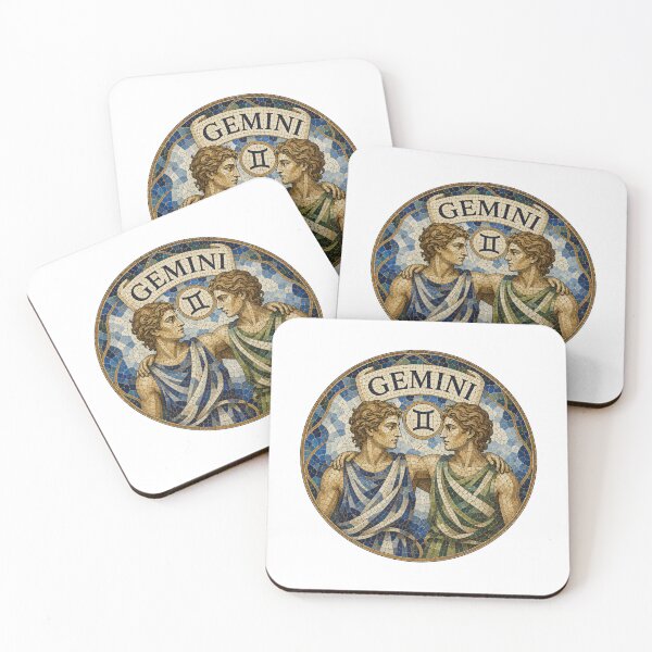 Item preview, Gemini Zodiac Twins Mosaic Emblem With Classical Figures and Decorative Blue Gold Tilework designed and sold by portokalis.