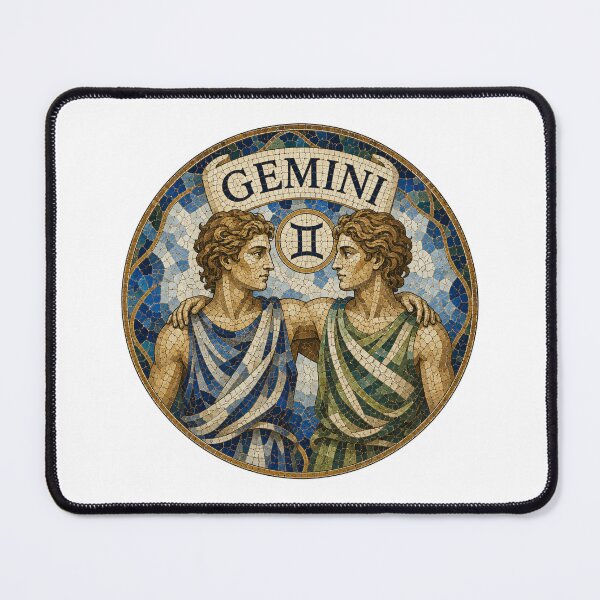 Item preview, Gemini Zodiac Twins Mosaic Emblem With Classical Figures and Decorative Blue Gold Tilework designed and sold by portokalis.