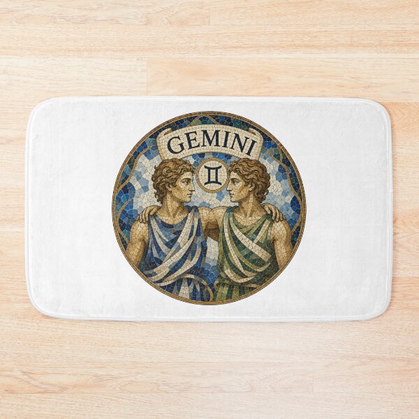 Item preview, Gemini Zodiac Twins Mosaic Emblem With Classical Figures and Decorative Blue Gold Tilework designed and sold by portokalis.