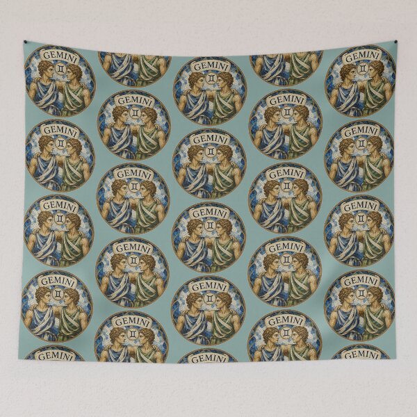 Item preview, Gemini Zodiac Twins Mosaic Emblem With Classical Figures and Decorative Blue Gold Tilework designed and sold by portokalis.