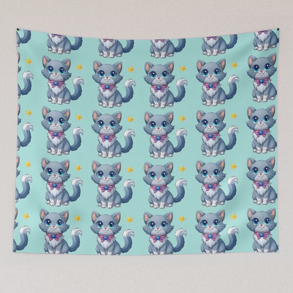 Item preview, Cute Kawaii Blue Cat with Pink Bow | Chibi Cartoon Kitty Illustration designed and sold by Mousy17.
