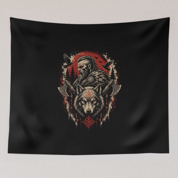 Item preview, Odin and Fenrir – Viking Warrior Ravens & Norse Runes designed and sold by Bizon2910.