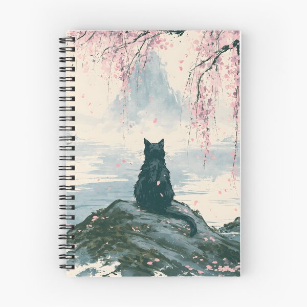 Item preview, Black Cat Under Cherry Blossoms Japanese Watercolor Lake Art designed and sold by GrinGalore.