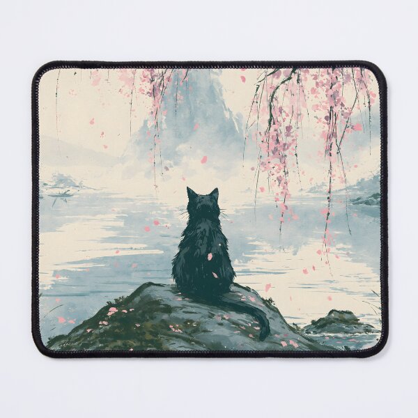 Item preview, Black Cat Under Cherry Blossoms Japanese Watercolor Lake Art designed and sold by GrinGalore.