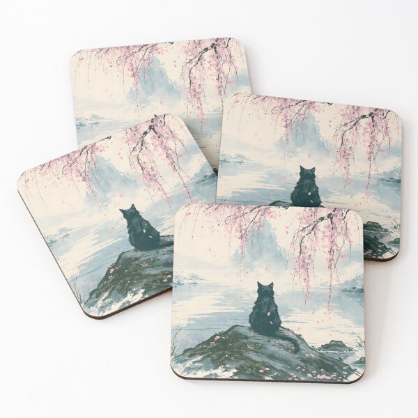 Item preview, Black Cat Under Cherry Blossoms Japanese Watercolor Lake Art designed and sold by GrinGalore.